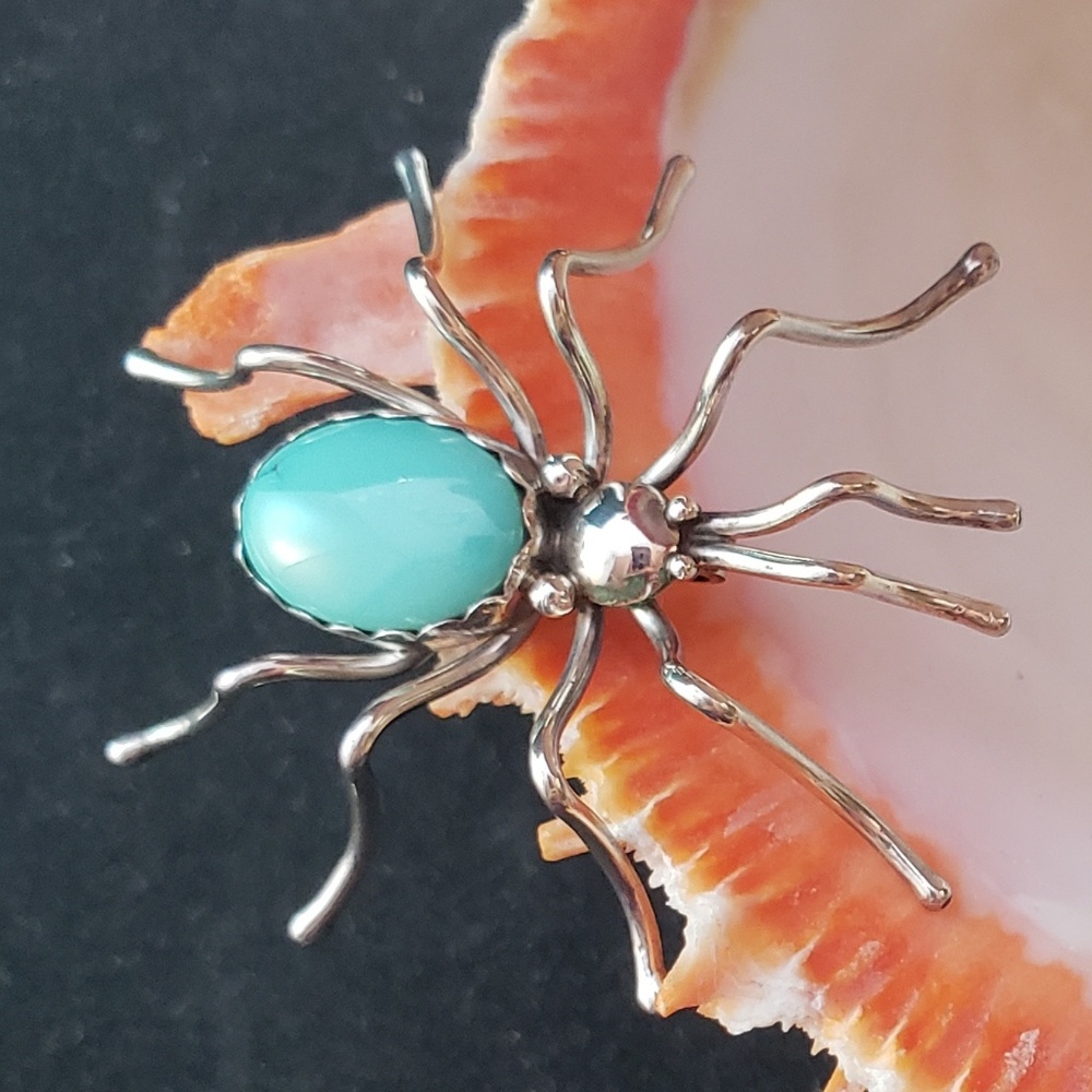 Sterling Silver Spider & Turquoise Pin